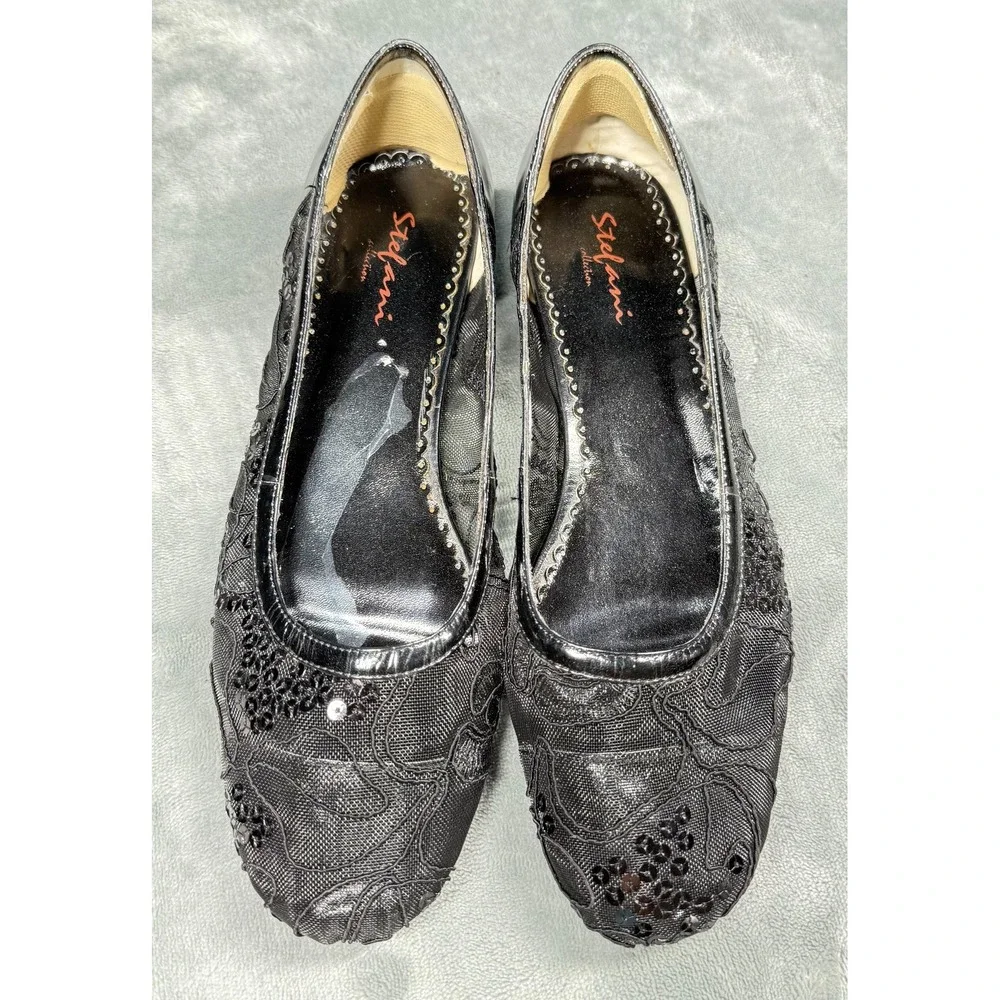 Stefani Collection Womens Flats 8.5M Black Lace Sequin Ballet Loafer